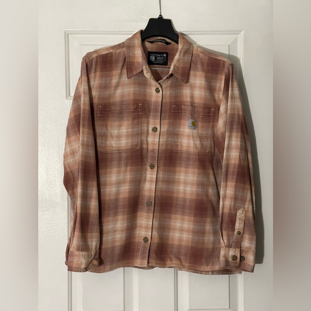 Carhartt Women's Shirt Size XL Long Sleeve Plaid Beige New Rugged Flex